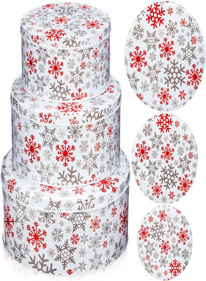Lingvee 3 Pcs Christmas Cookie Tins with Lids for Gift Giving Tin Containers Round Festive Cookie Tins Metal Nesting Containers Large Medium Small(Lively Style,White and Red) - Image 1